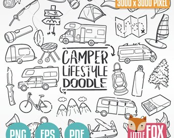 Iconos de estilo de vida campista, imágenes prediseñadas vectoriales dibujadas a mano