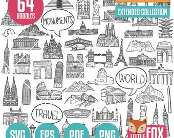 WORLD MONUMENTS, SVG doodle vector icons. Traveling and Tourism Building clipart. Tourism Coloring Line. Tourism Hand Drawn Scribble Design.