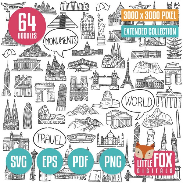 WORLD MONUMENTS, SVG doodle vector icons. Traveling and Tourism Building clipart. Tourism Coloring Line. Tourism Hand Drawn Scribble Design.