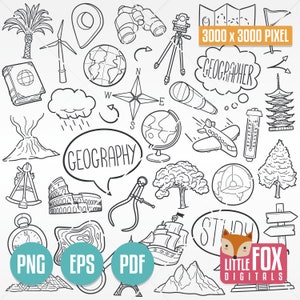 May include: Black and white line art illustration of geography related items.  The illustration includes a compass, globe, volcano, airplane, mountain, tree, ship, and more.  The text "GEOGRAPHY" is in a speech bubble.  The text "3000 x 3000 PIXEL" is in a rectangle.  The text "GEOGRAPHER" is in a speech bubble.  The text "STUDY" is in a speech bubble.  The text "LITTLE FOX DIGITALS" is in a rectangle.