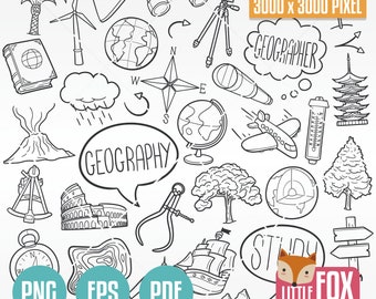 May include: Black and white line art illustration of geography related items.  The illustration includes a compass, globe, volcano, airplane, mountain, tree, ship, and more.  The text "GEOGRAPHY" is in a speech bubble.  The text "3000 x 3000 PIXEL" is in a rectangle.  The text "GEOGRAPHER" is in a speech bubble.  The text "STUDY" is in a speech bubble.  The text "LITTLE FOX DIGITALS" is in a rectangle.