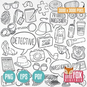 DETECTIVE doodle Clip Art icono vectorial. Objetos INVESTIGADOR PRIVADO Conjunto de álbumes de recortes de imágenes prediseñadas. Coloración de ilustraciones de diseño de arte de línea dibujada a mano.