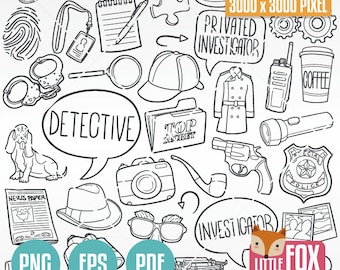 DETECTIVE doodle Clip Art vector icon. Objects PRIVATED INVESTIGATOR Clipart Scrapbook Set. Hand Drawn Line Art Design Artwork Coloring.