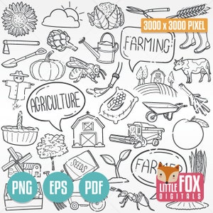 Può includere: Illustrazioni in bianco e nero di disegni a linea di oggetti legati all'agricoltura e all'agricoltura. Le illustrazioni includono uno spaventapasseri, un fienile, un trattore, un carretto, una mucca, un'ape, un girasole, una zucca, un annaffiatoio, un cesto, un sacchetto di semi, un mulino a vento, un albero, una mela, una spiga di grano e una formica. I testi "Farming" e "Agriculture" sono inclusi in fumetti.