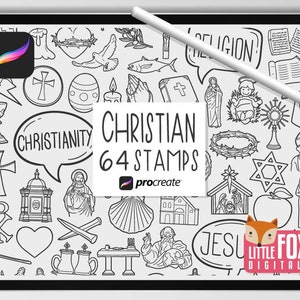 CHRISTIAN STAMPS, Procreate Brushes, Catholic Icons, Bundle Doodles. Religiuos Clipart Digital Sticker. Jesus Praying Scrapbook Coloring.