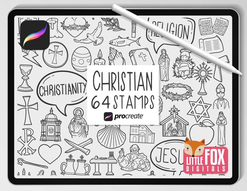 CHRISTIAN STAMPS, Procreate Brushes, Catholic Icons, Bundle Doodles. Religiuos Clipart Digital Sticker. Jesus Praying Scrapbook Coloring.
