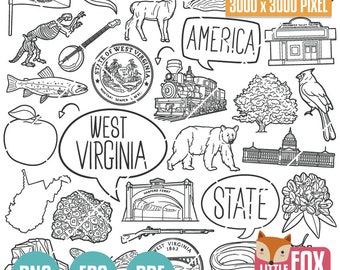 WEST VIRGINIA State Symbols. American State Clipart. WV Charleston Huntington Icons Doodle. Scrapbook. Hand Drawn Line Art. Design Artwork.