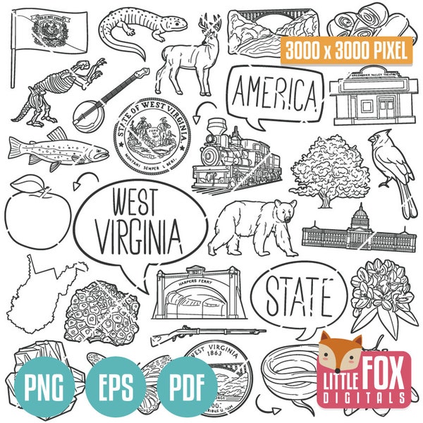 WEST VIRGINIA State Symbols. American State Clipart. WV Charleston Huntington Icons Doodle. Scrapbook. Hand Drawn Line Art. Design Artwork.