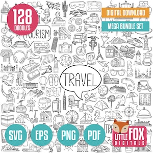 MEGA BUNDLE TRAVEL svg Gekritzel-Viertel-Icons. Illustration Clipart, Sammlungs-Set Hand gezeichnet Linie Kunst, Design Clip Art Färbung Skizze.