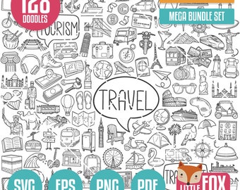 MEGA BUNDLE TRAVEL svg Gekritzel-Viertel-Icons. Illustration Clipart, Sammlungs-Set Hand gezeichnet Linie Kunst, Design Clip Art Färbung Skizze.