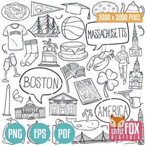 BOSTON, Massachusetts DOODLE Icons. Travel America Tourism. Culture and Symbols. Icons Clipart Scrapbook. Set Hand Drawn Line Art Design.