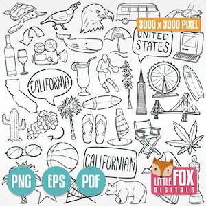 CALIFORNI PICTOGRAMMEN Clipart. Amerika Staten Clipart. Californische symbolen doodle pictogrammen. Plakboekenset. Handgetekende lijntekeningen. Ontwerpset-kunstwerk.