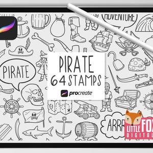 PIRATAS, pinceles de Procreate, íconos de materiales de arte, paquete de garabatos de piratas. Juego de pegatinas digitales de aventuras para planificador de corsarios, álbum de recortes y colorear.