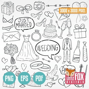 HOCHZEIT, gekritzel Vektor-Icons. Party Freunde und Familie Verheiratet Doodle Icons Clipart. Set aus 15 farbigen Stempeln Handgezeichnete Skizzen.