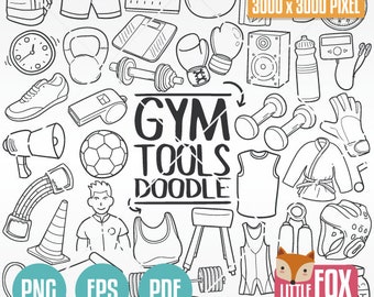 GYM Tools doodle vector icons. Bodybuild Training Sport Clipart. Crossfit and Gymnastic Artwork Coloring Hand Drawn Sketch.