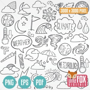 WEATHER, doodle vector icons. Climatology Doodle Icons Clip art. Climate Symbols Set Meteorology Illustration Hand Line Scribble Design.