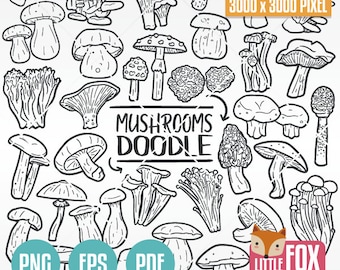 GRZYBY I GRZYBY – Doodle. Clipart z leśnymi ikonami natury. Ręcznie rysowany szkic do kolorowania. Łowcy grzybów leśnych.
