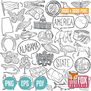 Symboles de l'État de l'ALABAMA. Clipart État américain. Alabama Amérique, Etats-Unis Doodle D'icônes. Album de coupures. Dessin au trait dessiné à la main. Oeuvre d'art de l'ensemble de conception.
