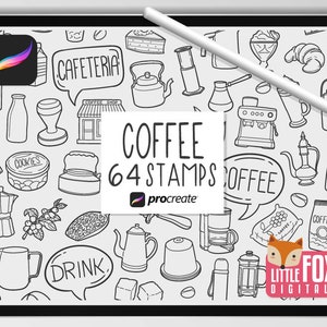 Könnte beinhalten: Schwarz-weiße digitale Illustration von 64 Kaffeethemen-Stempeln für Procreate. Die Stempel umfassen Kaffeetassen, Kaffeebohnen, Kaffeekannen und andere kaffeebezogene Gegenstände. Das Bild enthält den Text "COFFEE 64 STAMPS" und "LITTLE FOX DIGITALS".