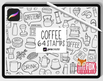 COFFEE STAMPS, Procreate Brushes, Coffee and Tea Icons, Barista Bundle Doodles. Coffee Maker Digital Sticker Planner Scrapbook Set Coloring.
