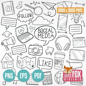 Puede incluir: Una ilustración de garabatos en blanco y negro de iconos de redes sociales, que incluye un portátil, una cámara, un megáfono, una taza de café, un globo terráqueo, un mapa, un calendario, una bombilla, un teléfono, auriculares y un bocadillo que dice "REDES SOCIALES".