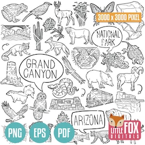 GRAND CANYON, Gekritzelvektorikonen. National Parks Clipart, Tiere Clip Art, Arizona Set Kunstwerk Handgezeichnete Skizze zum Ausmalen.