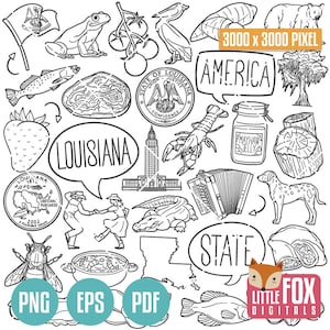 Símbolos del estado de LUISIANA. Imágenes Prediseñadas del Estado Americano. Doodle de iconos de Nueva Orleans Shreveport. Álbum de recortes. Arte de línea dibujada a mano. Conjunto de ilustraciones de diseño.
