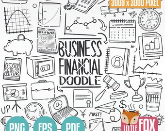 Zakelijke financiën doodle clipartset, handgetekende schets (PNG, EPS, PDF)