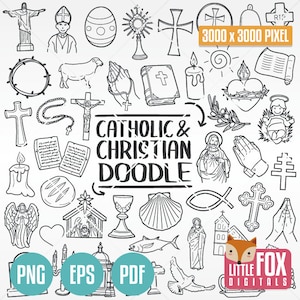 CHRISTIAN RELIGION, Doodle-Vektor-Icons. Christentum Kreuz Pray Clipart. Katholischer Jesus Set Illustration Kunstwerk Stempel Gezeichnete Skizze.