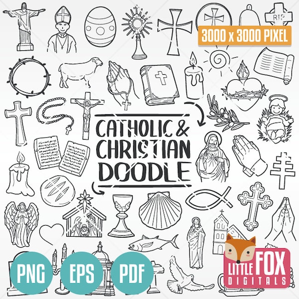 CHRISTIAN RELIGION, doodle vector icons. Christianity Cross Pray Clipart. Catholic Jesus Set Illustration Artwork Stamp Drawn Sketch.