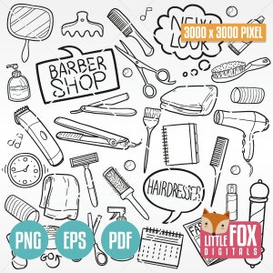 BARBER SHOP, Doodle-Symbole. Friseur Geschäft Haikleid Damen Herren Look Schönheit und Pflege Mode Frau Doodle Clipart Scrapbook Färbung.