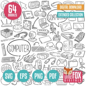 COMPUTADORA, iconos vectoriales SVG Doodle. Iconos Doodle de hardware de tecnología de dispositivos Clipart. Conjunto de ilustraciones de diseño de arte lineal dibujado a mano Clip Art.