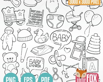 NOUVEAU BÉBÉ, icônes vectorielles de doodle. Scrapbook de dessin animé d'art conceptuel pour chambre de bébé né nouveau-né. Croquis de gribouillis à colorier.