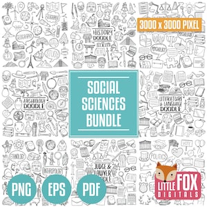 Pacote CIÊNCIAS SOCIAIS. Ícones de Doodle de Estudos Culturais. Cientista Clip Art Doodle. Definir livro de recortes de arte de linha de desenho de mão para colorir. Ícones das Ciências.