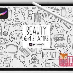 BELLEZA y MAQUILLAJE, pinceles de Procreate, conjunto de iconos y garabatos. Set de pegatinas digitales para planificador, álbum de recortes y coloración de Beauty Center Studio.