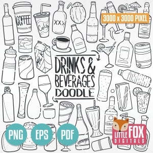BOISSONS ET BOISSONS, icônes vectorielles de griffonnage. Pub café, alcool, bouteilles Clipart. Scénographie, oeuvre d'art, timbre, clipart dessiné à la main, gribouillage, esquisse.