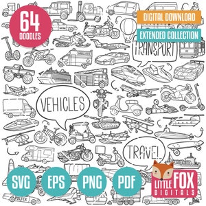 VEHICLES SVG. Transportation Clipart Symbol. Vehicle Doodle Icons. Transport Clipart Scrapbook Coloring Hand Drawn. Auto Sketch Line Art.