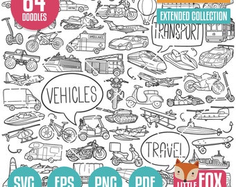 Vehicle Doodle Icons, Transportation Clipart (SVG, PDF, PNG)
