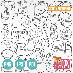 KEKS UND MILCH, gekritzel Vektor-Icons. Lebensmittel Doodle Icons Clipart Scrapbook. Desserts Essen Set Backen Süßigkeiten Handgezeichnete Skizze Linie Kunstdesign.