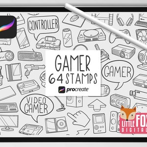 ZNACZKI GAMER, Pędzle Procreate, Ikony gier wideo, Bazgroły pakietu komputerowego. Zestaw naklejek cyfrowych Gaming Tech Retro Scrapbook do kolorowania.