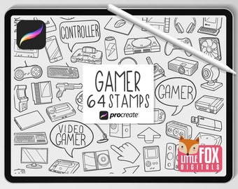GAMER STAMPS, Procreate Brushes, Video Game Icons, Computer Bundle Doodles. Gaming Tech Digital Sticker Retro Scrapbook Set Coloring.