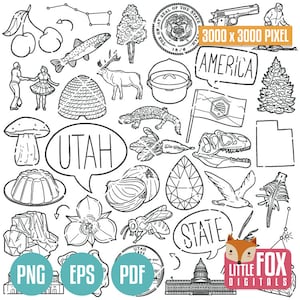 Utah State Symbols. American State Clipart. UT Salt Lake Traditional Icons Doodle. Scrapbook Set. USA Hand Drawn Line. Design Set Artwork.