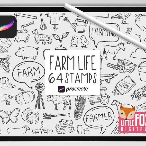 FARM STAMPS, Procreate Brushes, Farm Animals Icons, Bundle Doodles. Agriculture Barn Clipart Digital Sticker Planner Scrapbook Coloring.