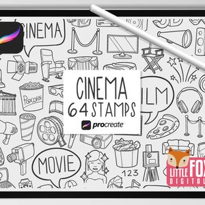 CINEMA STAMPS, Procreate Brushes, Movie Night Icons, Film Bundle Doodles. Home Cinema Digital Sticker Snacks Scrapbook Set Coloring.