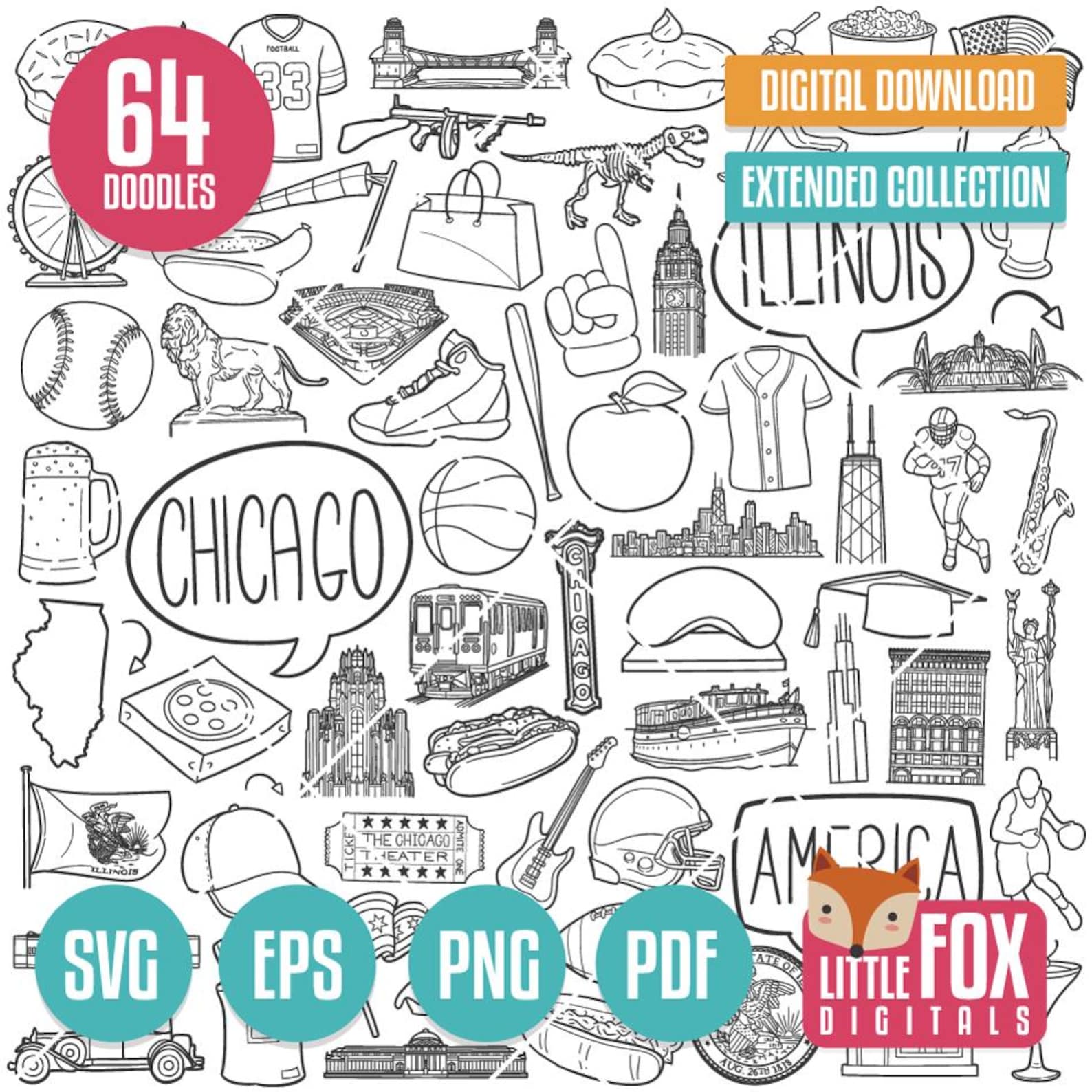 CHICAGO SVG Doodle Vector Icons. City Building Clipart. Illinois ...