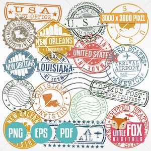 NEW ORLEANS, Louisiana, USA. Set di francobolli. Realizzato in Seal, affrancatura per passaporto turistico. Illustrazione digitale con silhouette di mappa e skyline.
