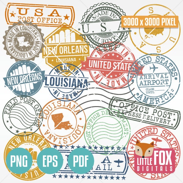 NEW ORLEANS, Louisiana USA Set of Stamps. Made in Seal, Travel Passport Postage. Map and Skyline Silhouette Clipart Digital Illustration.