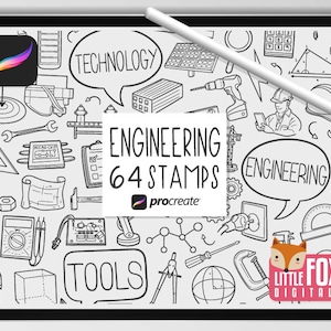 Puede incluir: Una ilustración digital de 64 sellos en blanco y negro con temática de ingeniería para usar con la aplicación Procreate. Los sellos incluyen herramientas, tecnología y símbolos de ingeniería. El texto "ENGINEERING 64 STAMPS" está en un globo de diálogo con un logotipo de zorro debajo.