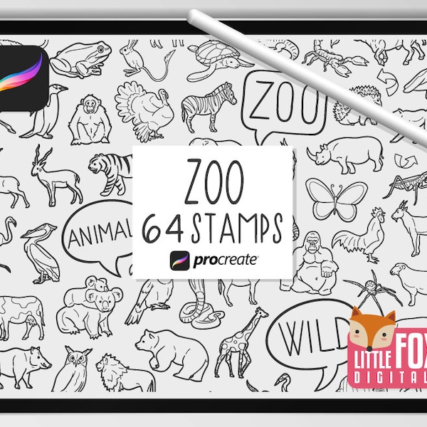 ZOO ANIMALS STAMPS, Procreate Brushes, Animal Icons Bundle Doodles. Zoological Wild Animals Clipart Digital Planner Scrapbook Set Coloring.