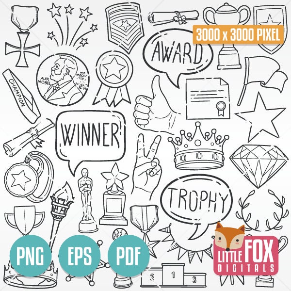 WINNER AWARD TROPHY vector Doodle Icons. Illustration Graphic Challange Clipart Scrapbook Set. Hand Drawn Line Art Design Artwork Coloring.